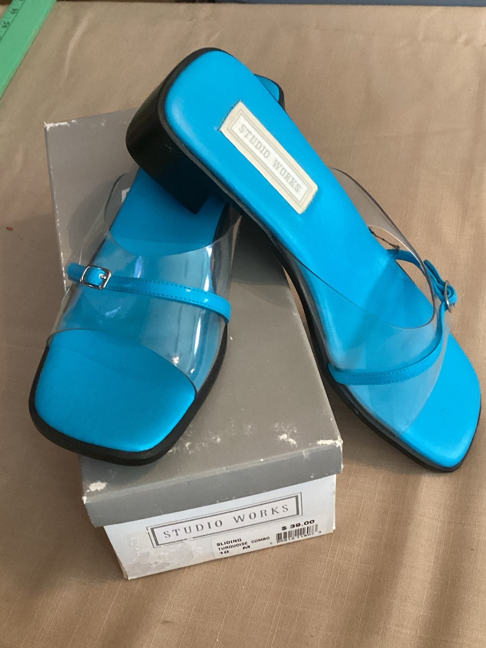 NWT Studio Works Turquoise Clear Strap Square Toe Slide Sandal